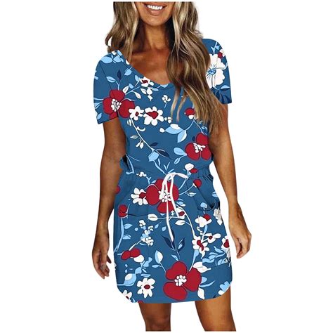 Women Summer Dresses Floral Print A-Line Boho Sundress Short Sleeve V ...
