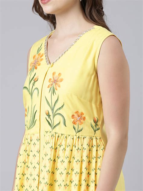 Neerus Yellow Flared Casual Solid Maxi Dresses – Neerus India