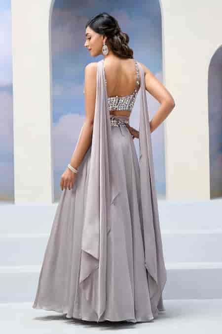 Buy Gray Organza, Satin, Georgette Sequins Sweetheart Neck Floral Grey ...