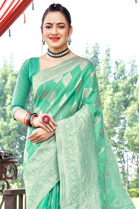 Buy Mint Green Cotton Saree online-Karagiri