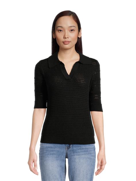 Time and Tru Women's Midweight Polo Sweater with Elbow Length Sleeves ...