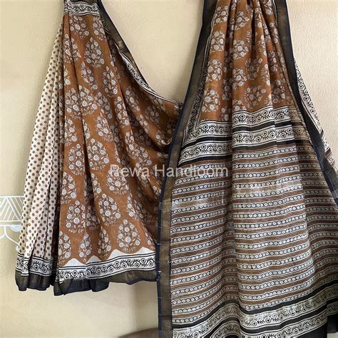 Brown Chanderi Printed Zari Border Saree MCPS02 – Rewa Handloom