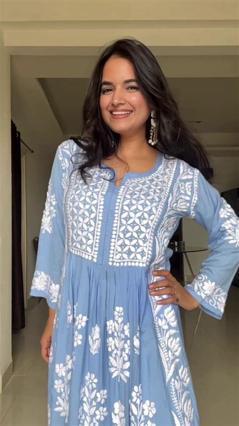 Powder Blue Rayon Cotton Chikankari Kurta with Pant – SurtiSilk