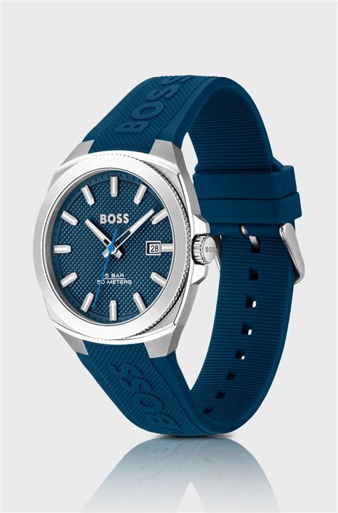 BOSS - Silicone-logo-strap watch with blue guilloché dial - Blue