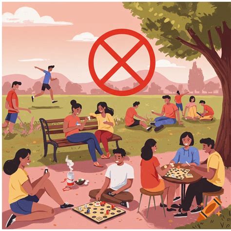 Illustration of people in a park with a large red 'no' symbol. on Craiyon