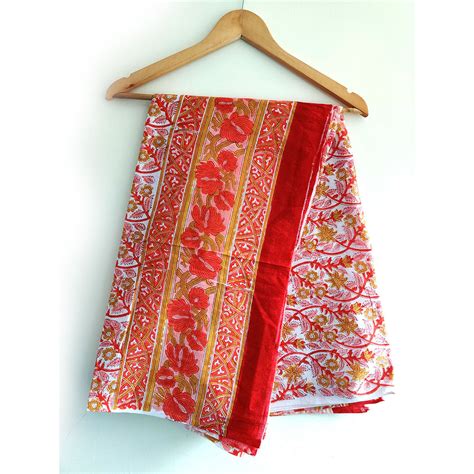 Baagru Hand Block Printed Cotton Mulmul Orange Color Dupatta 115X225 C ...