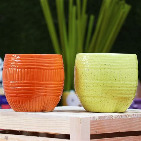 Leafy Tales Ceramic Flower Pot, Multicolour, 5 inch, Set of 2 : Amazon ...