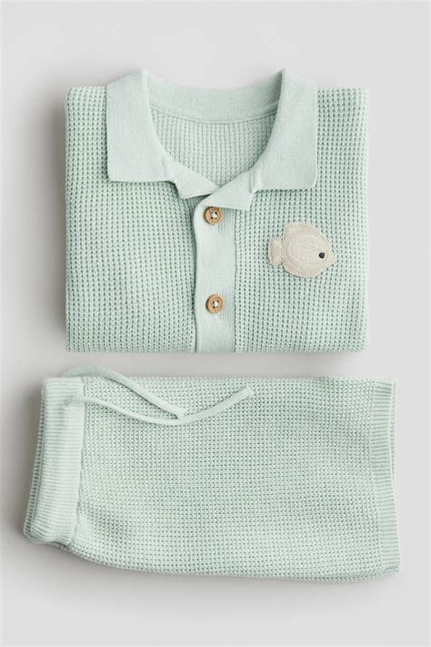 2-Piece Cotton Waffle-Knit Set - Mint green/fish - Kids | H&M US