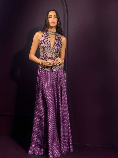 Kuhu Cupro Satin Printed Purple Waistcoat with Wide Pleated Skirt
