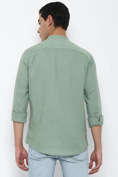 Buy American Eagle Men Green Band Collar Linen Shirt Online