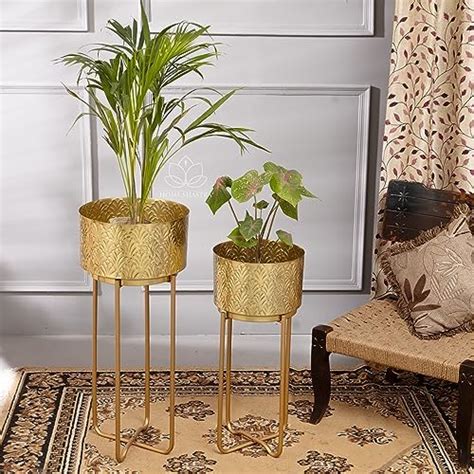 HomeShastra® Haven Gold Metal Planters with Embossed Design and ...