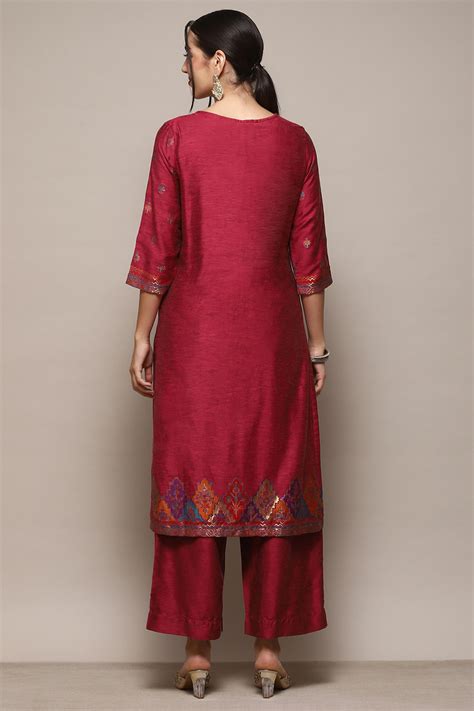 Pink Cotton Straight Yarndyed Kurta Sharara Suit Set at Biba India