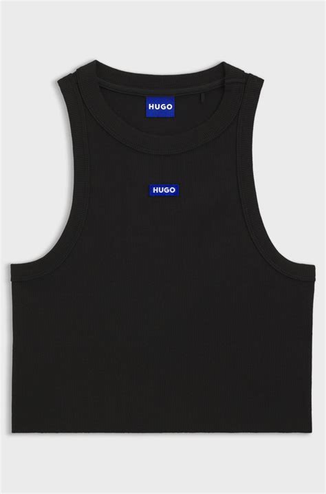 HUGO - Cropped stretch-cotton tank top with blue logo label - Black