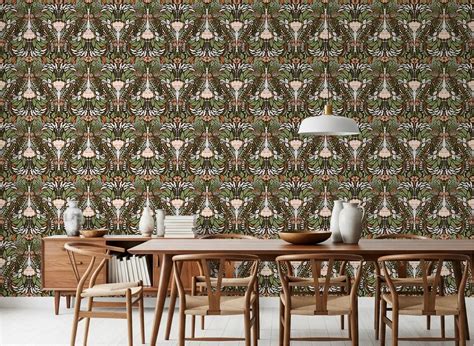 Earthy Floral Damask Botanical Wallpaper in Olive and Peach