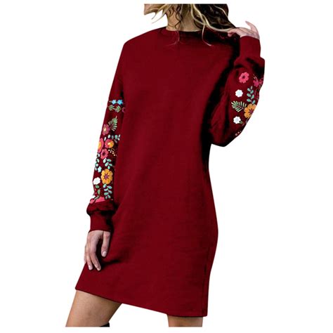 Hfyihgf Women Fall Winter Dresses Casual Long Sleeve Crewneck Floral ...