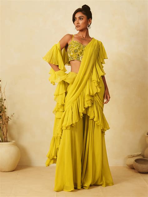 Graceful Lemon Yellow Pre-Drape Saree with Cutdana & Sequins Work ...