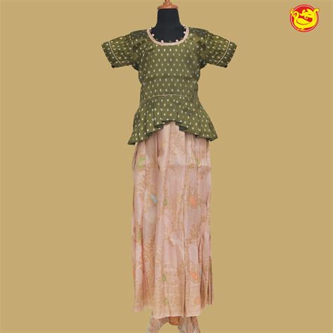 Olive Green Peach Girls Branded Readymade Pattu Pavadai Set – Thenianantham