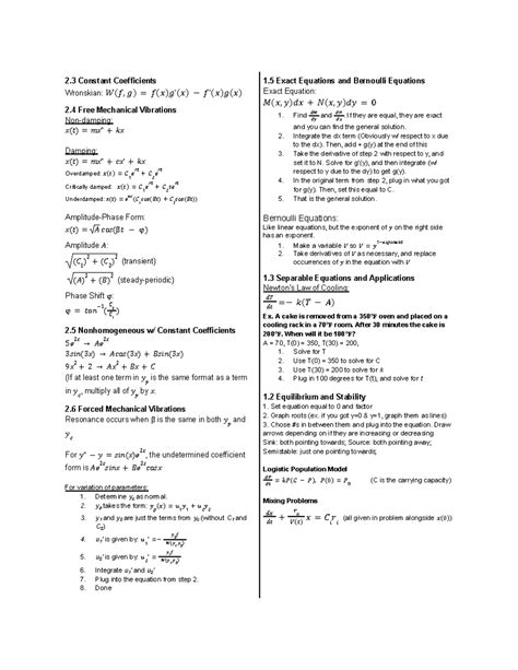 Test 1 Sheet - Diff. Eq. - 2 Constant Coefficients Wronskian: 𝑊(𝑓, 𝑔 ...