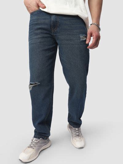 Buy Men's Dark Blue Distressed Baggy Fit Jeans at Beyoung
