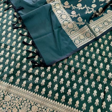 Bottle Green Rocket Buti Satin Silk Banarasi Suit – Mohsin Textiles