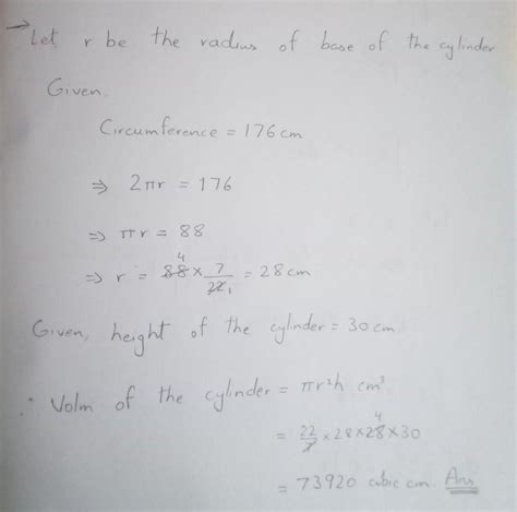 Find the volume of the cylinder given the circumference of the base is ...