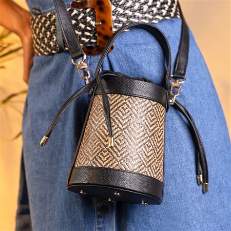 The Amara Bucket – Woven Bamboo Cane & Vegan Leather Handbag (Midnight ...
