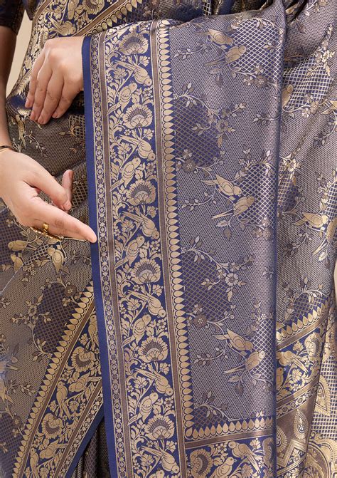 Buy Navy Blue Banarasi Silk Saree - Koskii