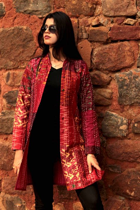 Hazley - Ravishing Rubies Patola Silk Patchwork Kantha Long Jacket ...