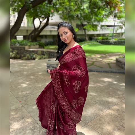 Modal Silk Mashroo Mix Ajrakh Saree - Blue, Maroon, Mustard Yellow, Ma ...