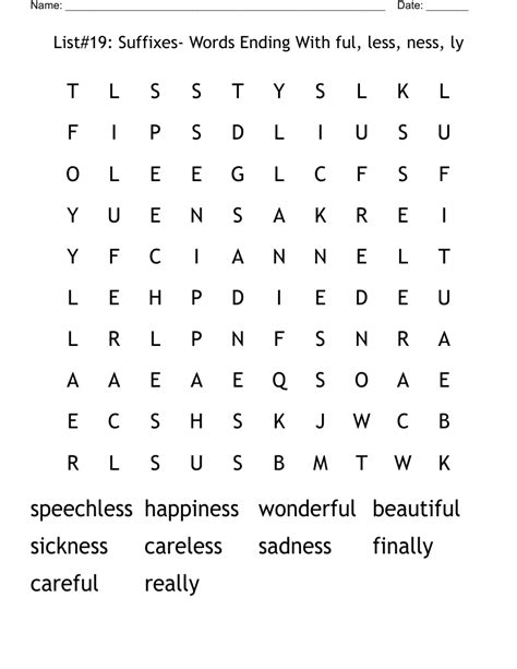 Suffixes Ness, Less and Ly Word Search - WordMint