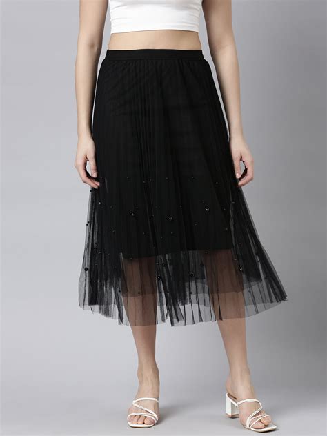 Buy Solid Black Flared Midi Sheer Skirt Online | Showoffff
