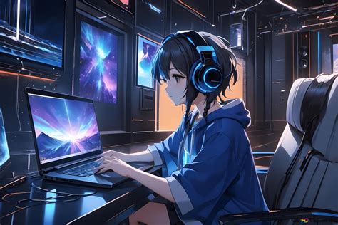 Anime girl working with computer 4K wallpaper download