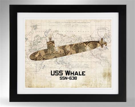 USS Whale Nuclear Attack Submarine Map and Flag Silhouette Print Wall ...