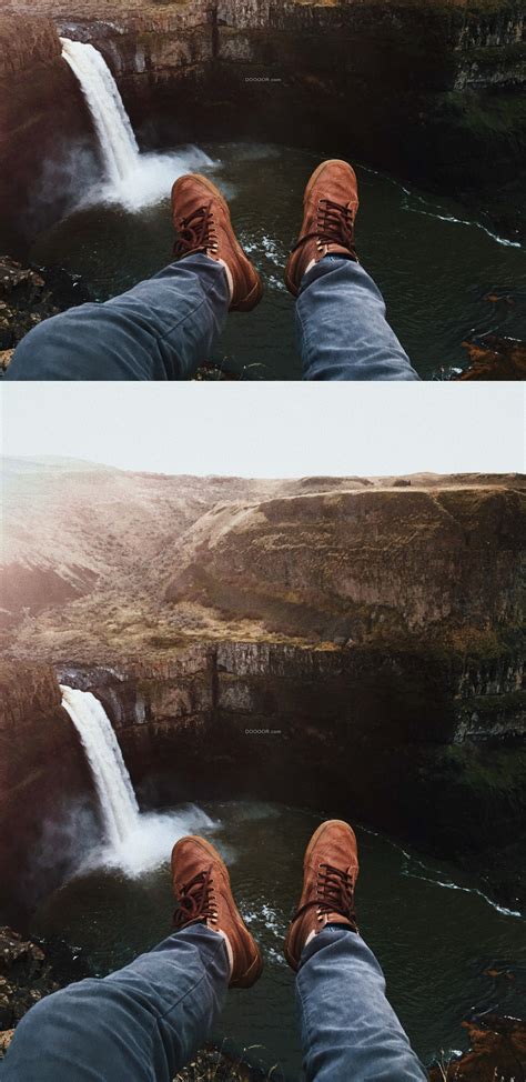 一个人坐在山顶俯拍瀑布的流水倾泻而下形成一个巨大的圆形湖泊 - 超清单图