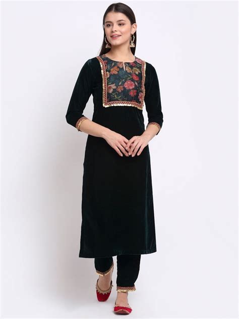 Green Floral Printed Velvet Kurti with Straight Palazzo – anokherang