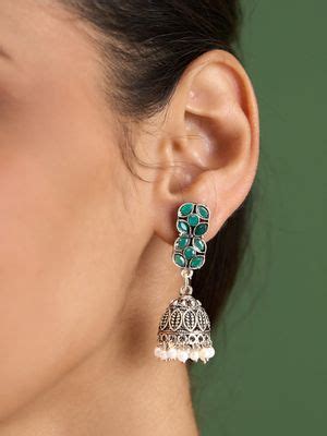 Buy Fida Green Gold Floral White Stone Temple Muhuratam Jhumkas ...