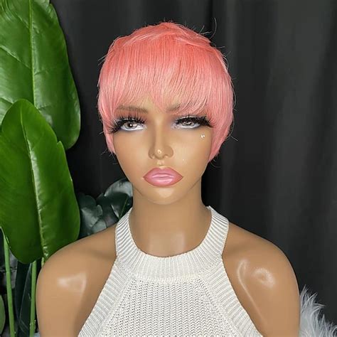 Short Human Hair Pixie Wigs Pixie Cut Short Pink Wavy Wigs Layered ...