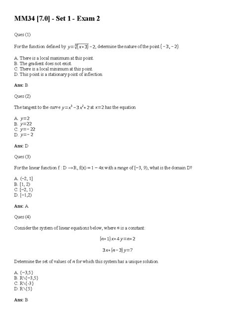 MM34 [7.0] - Set 1 - Exam 2 - MM34 [7] - Set 1 - Exam 2 Ques (1) For ...