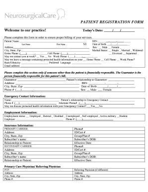 Fillable Online neurosurgicalcare PATIENT REGISTRATION FORM Welcome to ...