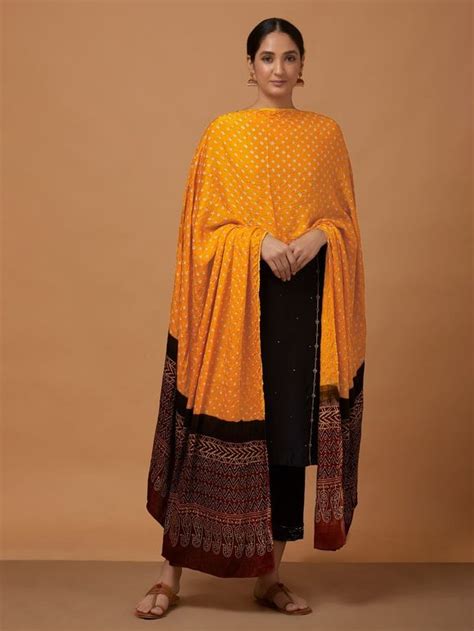 Buy Emerald Green Bandhani Ajrakh Printed Modal Silk Dupatta ...