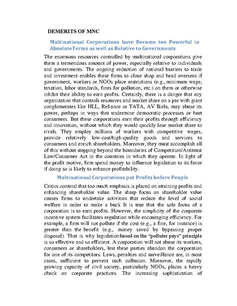 Demerits OF MNC - MNC - DEMERITS OF MNC Multinational Corporations have ...