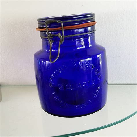 Vintage Cobalt Blue Cookie Jar Storage Container Bail Wire Lid ...