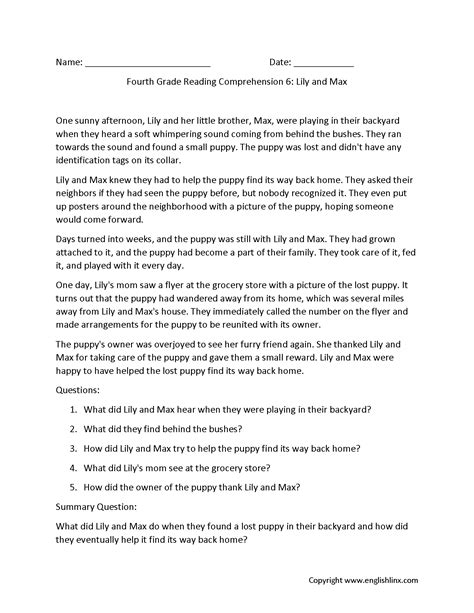 Reading Comprehension Worksheets | Fourth Grade Reading Comprehension ...