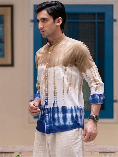 Buy Brown Tie and Dye Chinese Collar Shirt Online | Tistabene