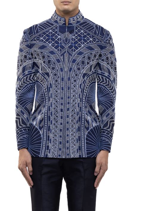 Blue and White Silk Art Deco Bandhgala Set - SDS | KUSHAL SHAH