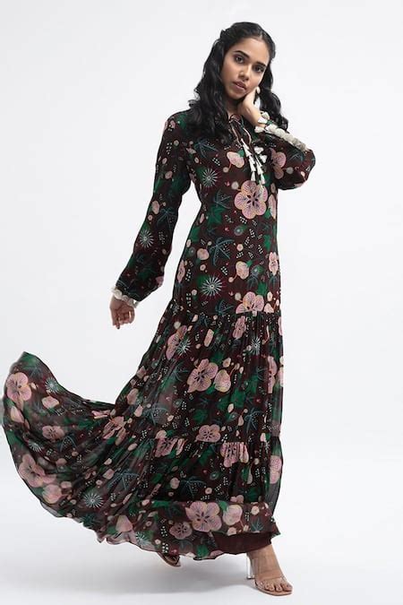 Buy Brown Art Georgette Abutilon Motif Round Floral Print Tiered Dress ...