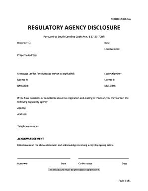 South Carolina Regulatory Agency Disclosure - Blank Fillable Template ...