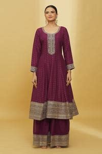 Buy Wine Silk, Georgette Zari, Sequins, Embroidery Scoop And Anarkali ...