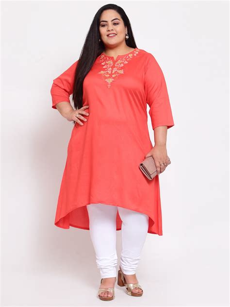 plusS Women Peach-Coloured Yoke Design Thread Work Kurta – pluss.in