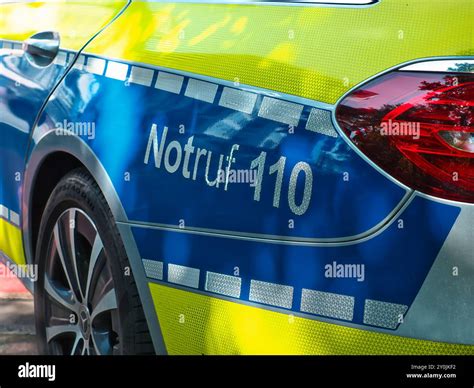 Detailed shots of a German police car with the inscription "Notruf 110 ...